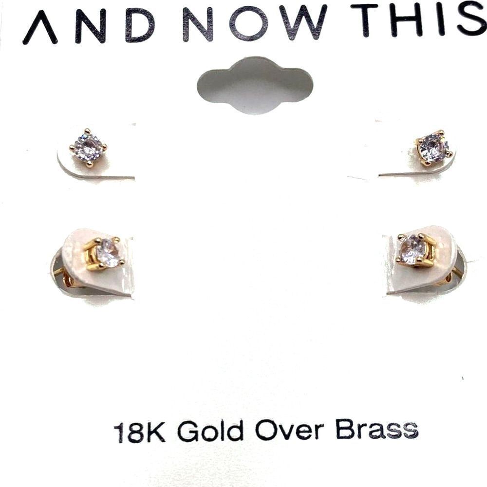 AND NOW THIS Women Earrings Square cubic zirconia Stud 18k Gold NWT Post back